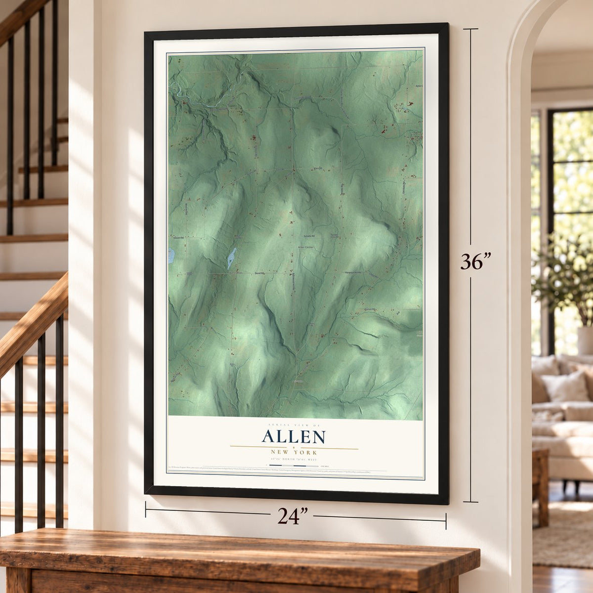 Allen, New York map, 24 x 36 inch print in a black frame by a staircase