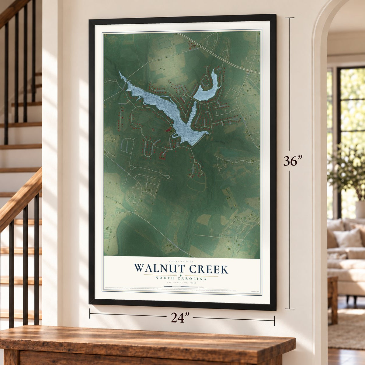 Walnut Creek, North Carolina map, 24 x 36 inch print in a black frame by a staircase