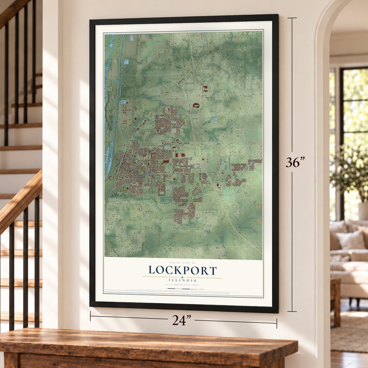 Lockport, Illinois map, 24 x 36 inch print in a black frame by a staircase