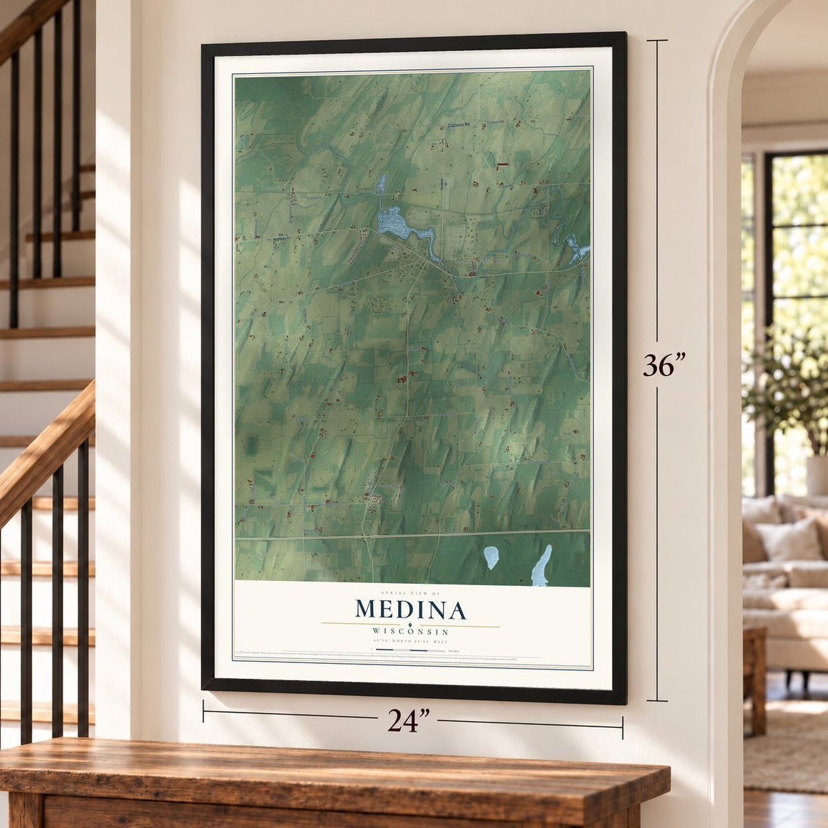 Medina, Wisconsin map, 24 x 36 inch print in a black frame by a staircase