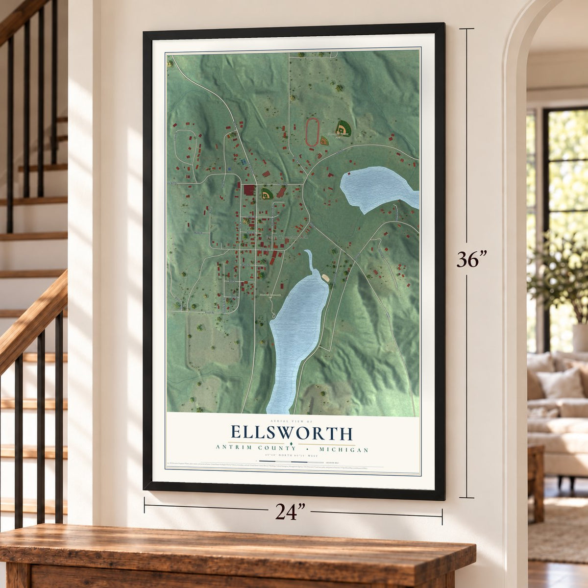 Ellsworth, Antrim County, Michigan map, 24 x 36 inch print in a black frame by a staircase