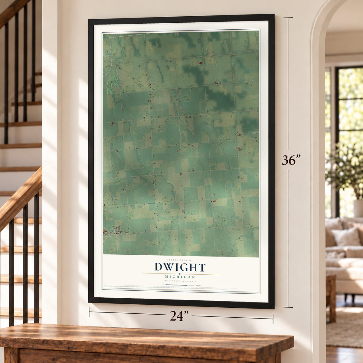 Dwight, Michigan map, 24 x 36 inch print in a black frame by a staircase