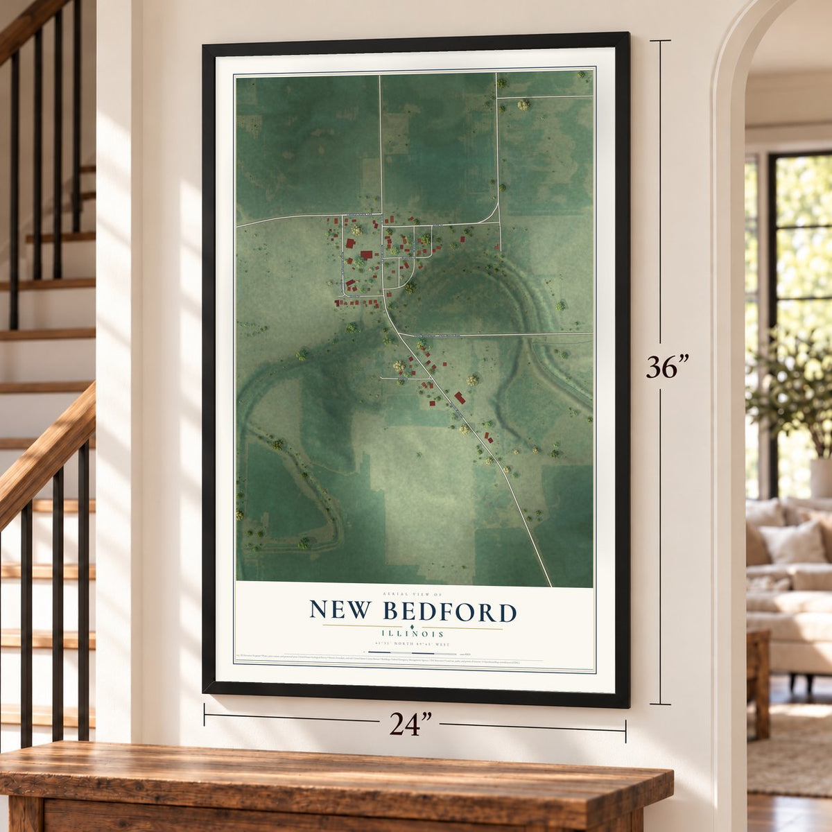 New Bedford, Illinois map, 24 x 36 inch print in a black frame by a staircase