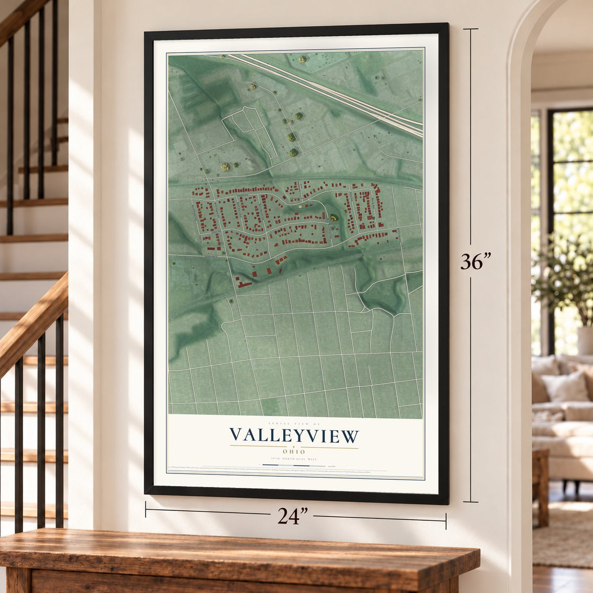 Valleyview, Ohio map, 24 x 36 inch print in a black frame by a staircase