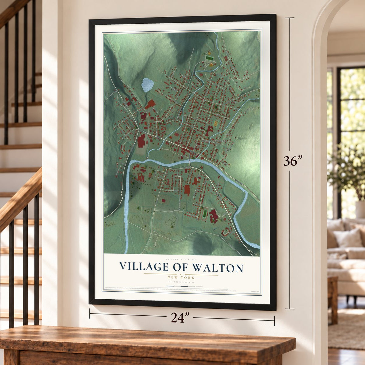 Village of Walton, New York map, 24 x 36 inch print in a black frame by a staircase