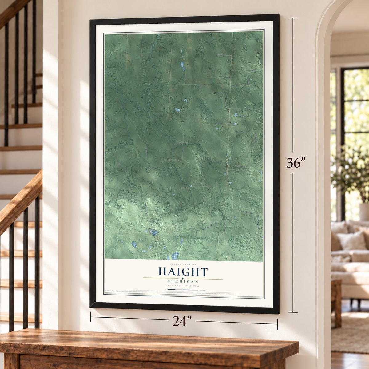 Haight, Michigan map, 24 x 36 inch print in a black frame by a staircase