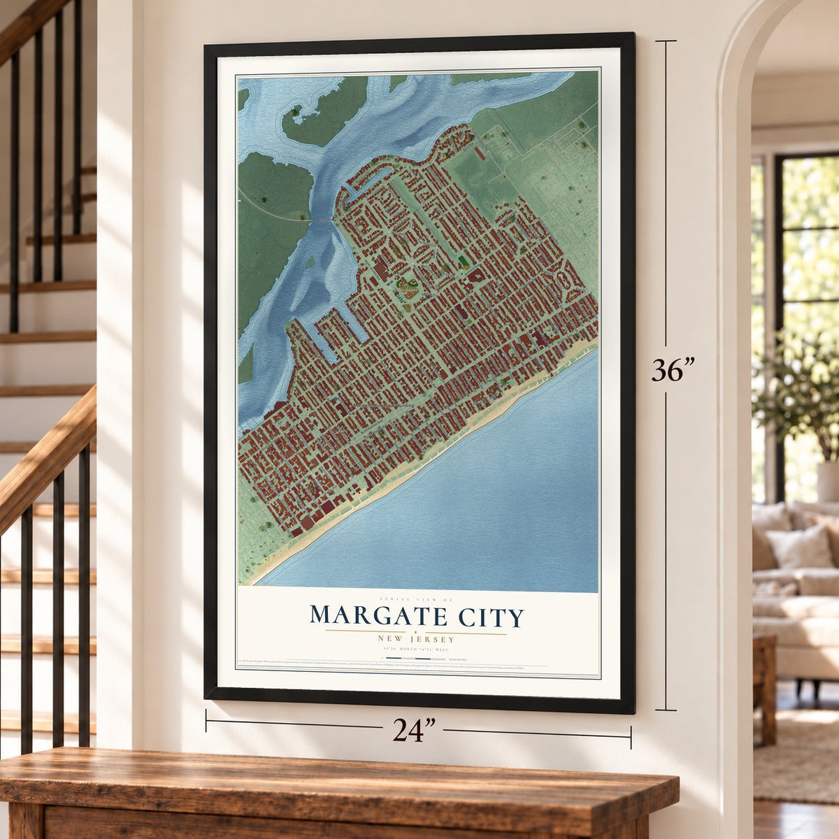Margate City, New Jersey map, 24 x 36 inch print in a black frame by a staircase