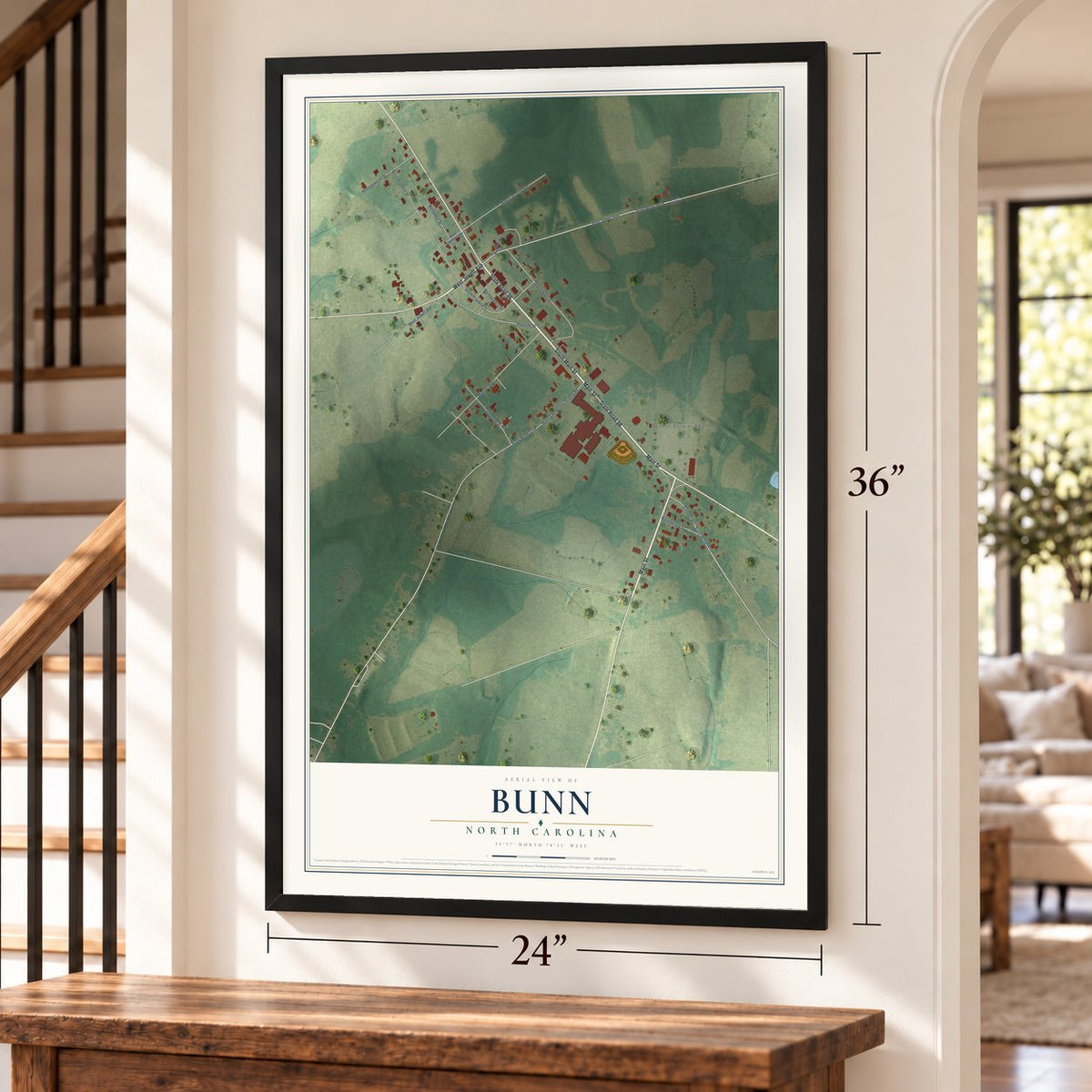 Bunn, North Carolina map, 24 x 36 inch print in a black frame by a staircase