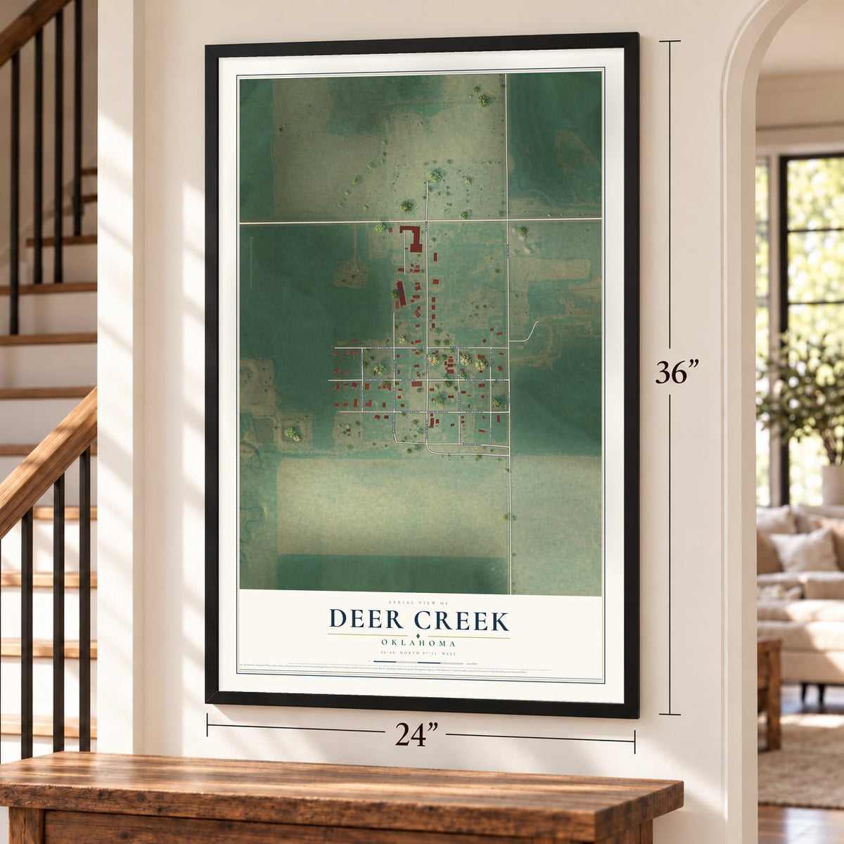 Deer Creek, Oklahoma map, 24 x 36 inch print in a black frame by a staircase