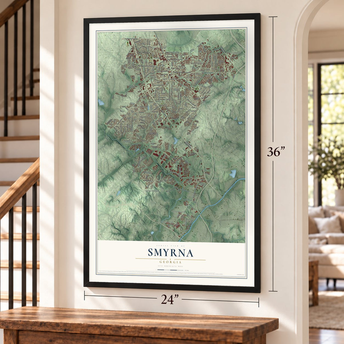 Smyrna, Georgia map, 24 x 36 inch print in a black frame by a staircase