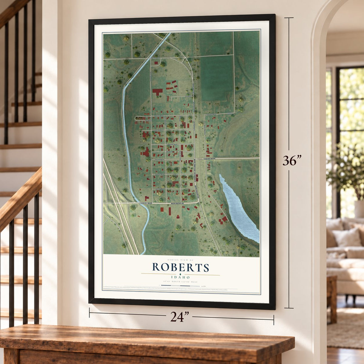 Roberts, Idaho map, 24 x 36 inch print in a black frame by a staircase
