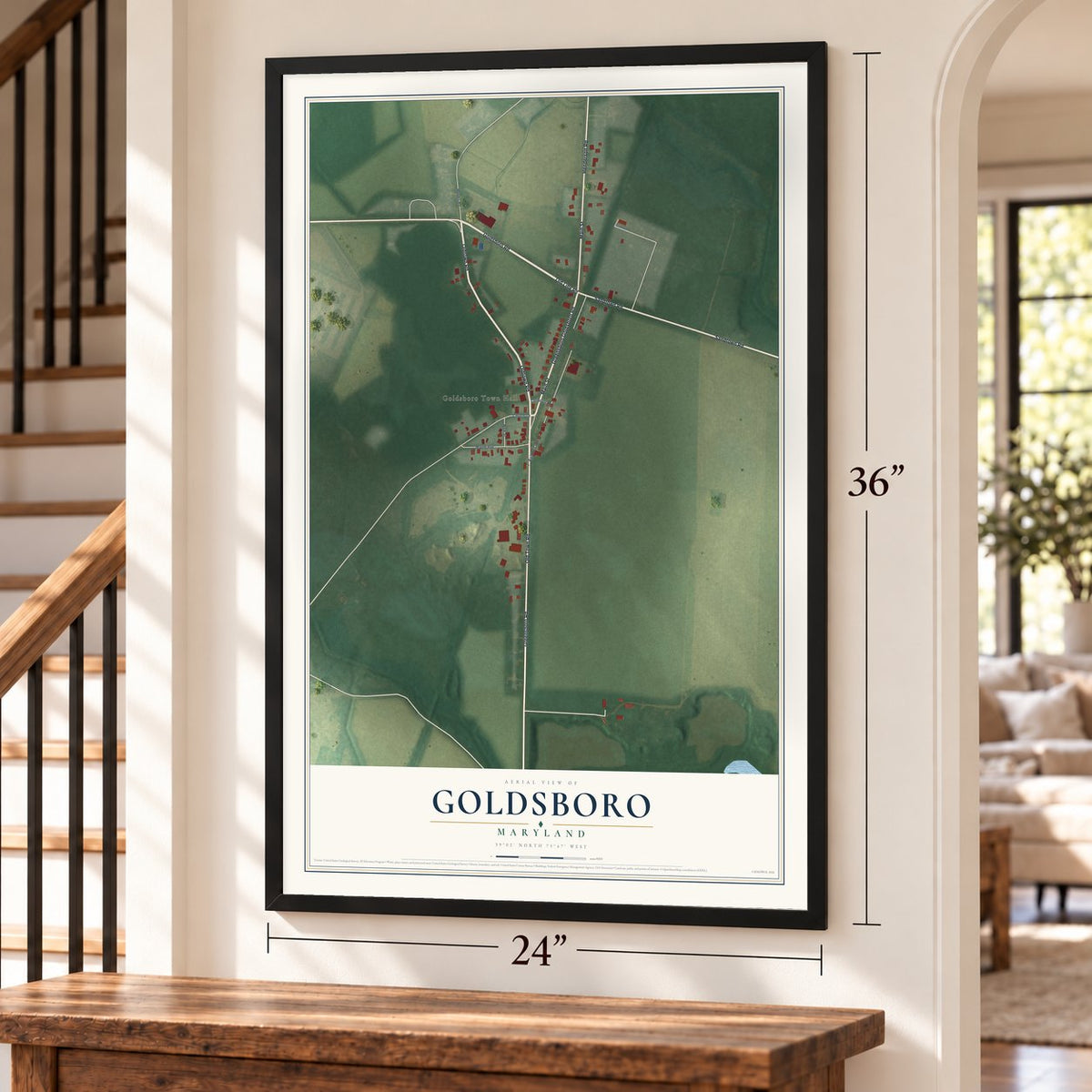 Goldsboro, Maryland map, 24 x 36 inch print in a black frame by a staircase