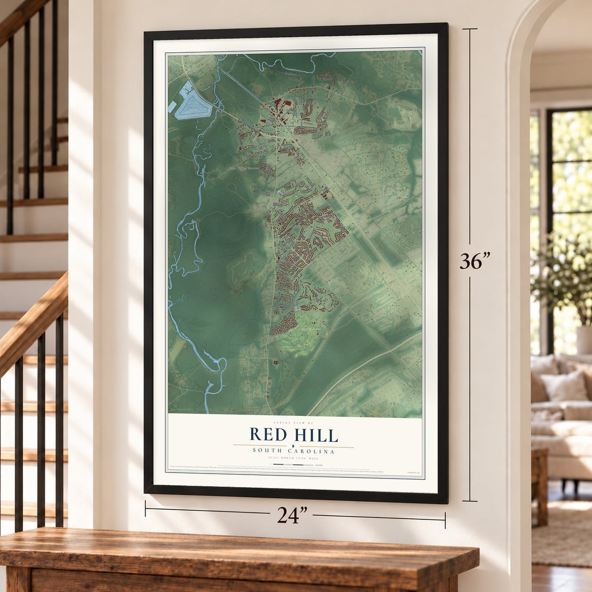 Red Hill, South Carolina map, 24 x 36 inch print in a black frame by a staircase