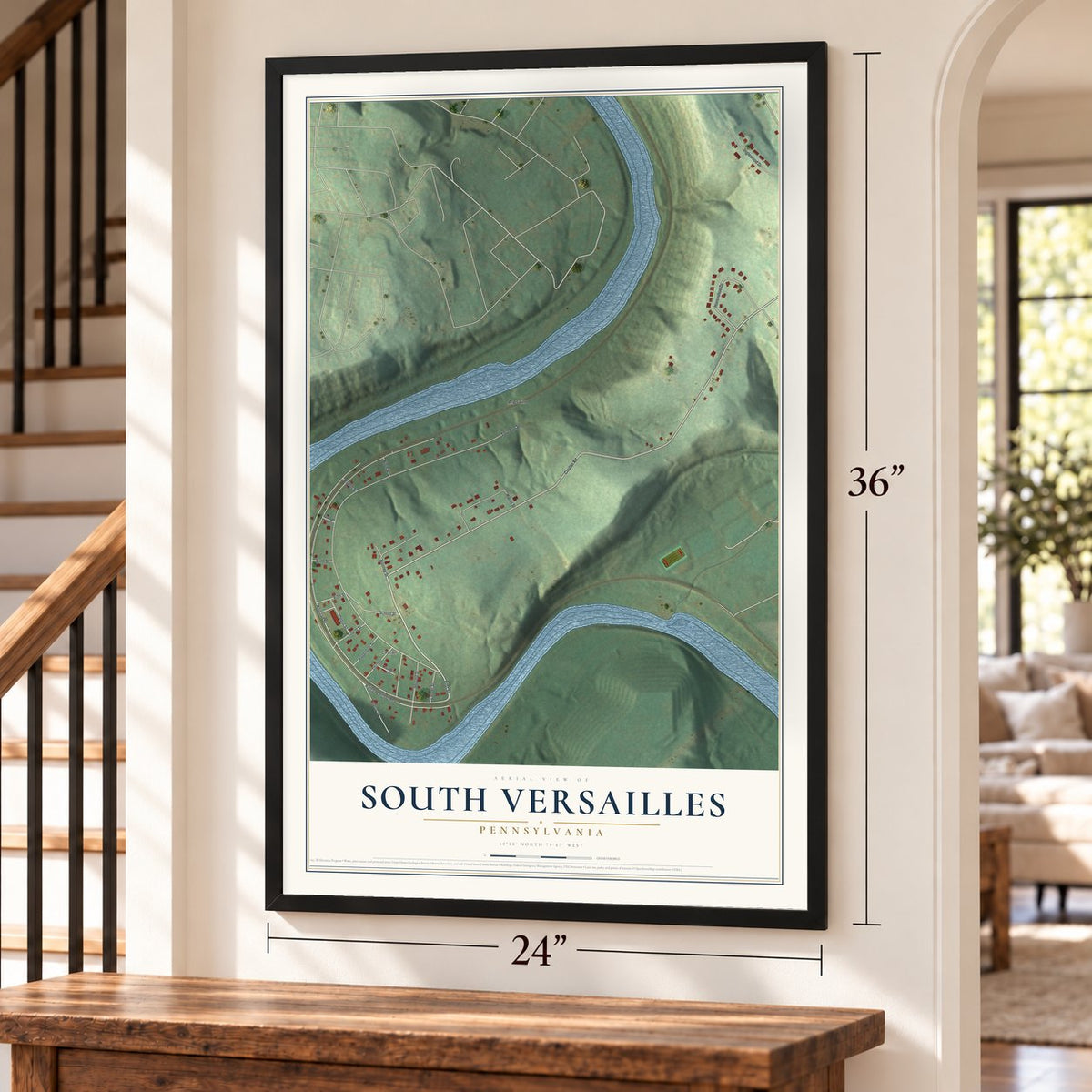 South Versailles, Pennsylvania map, 24 x 36 inch print in a black frame by a staircase