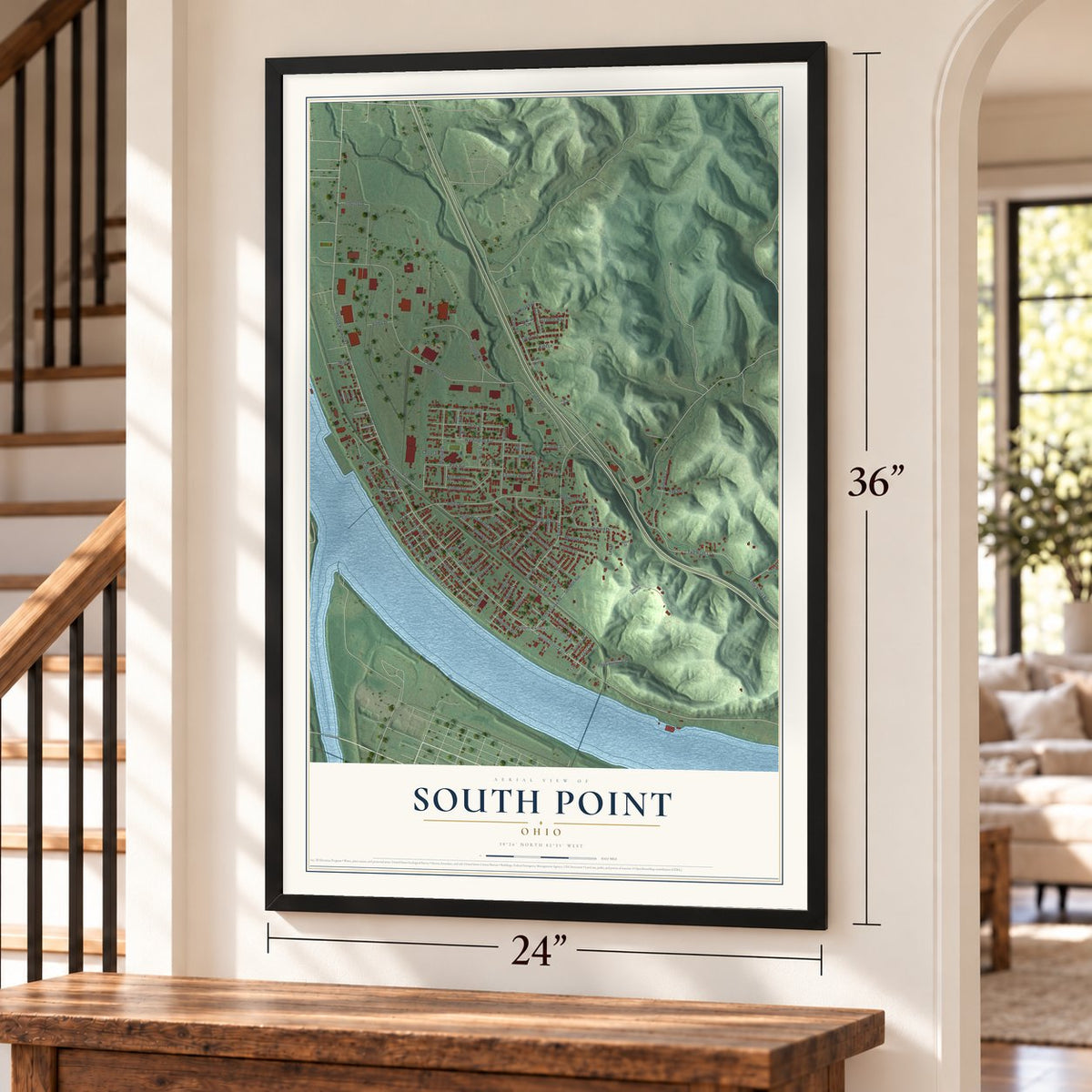 South Point, Ohio map, 24 x 36 inch print in a black frame by a staircase
