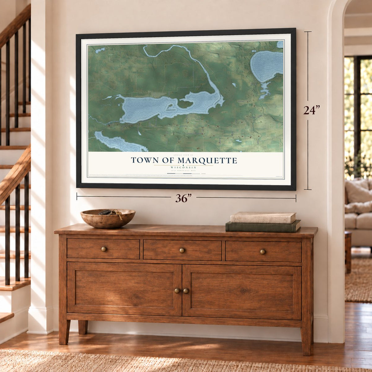 Town of Marquette, Wisconsin map, 24 x 36 inch print in a black frame above a dresser by a staircase
