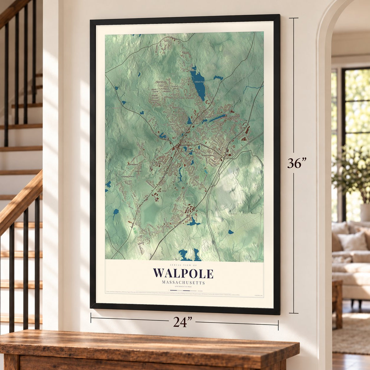 Walpole, Massachusetts map, 24 x 36 inch print in a black frame by a staircase