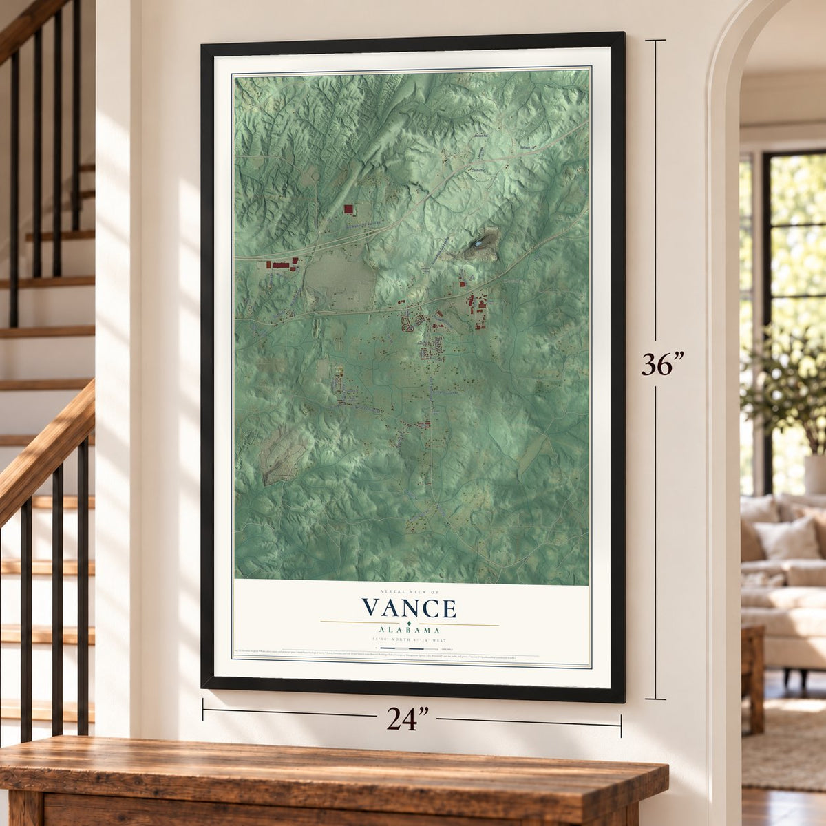 Vance, Alabama map, 24 x 36 inch print in a black frame by a staircase