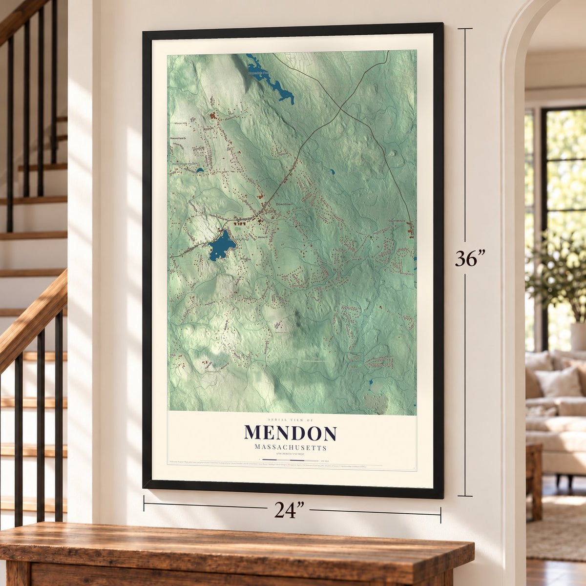Mendon, Massachusetts map, 24 x 36 inch print in a black frame by a staircase