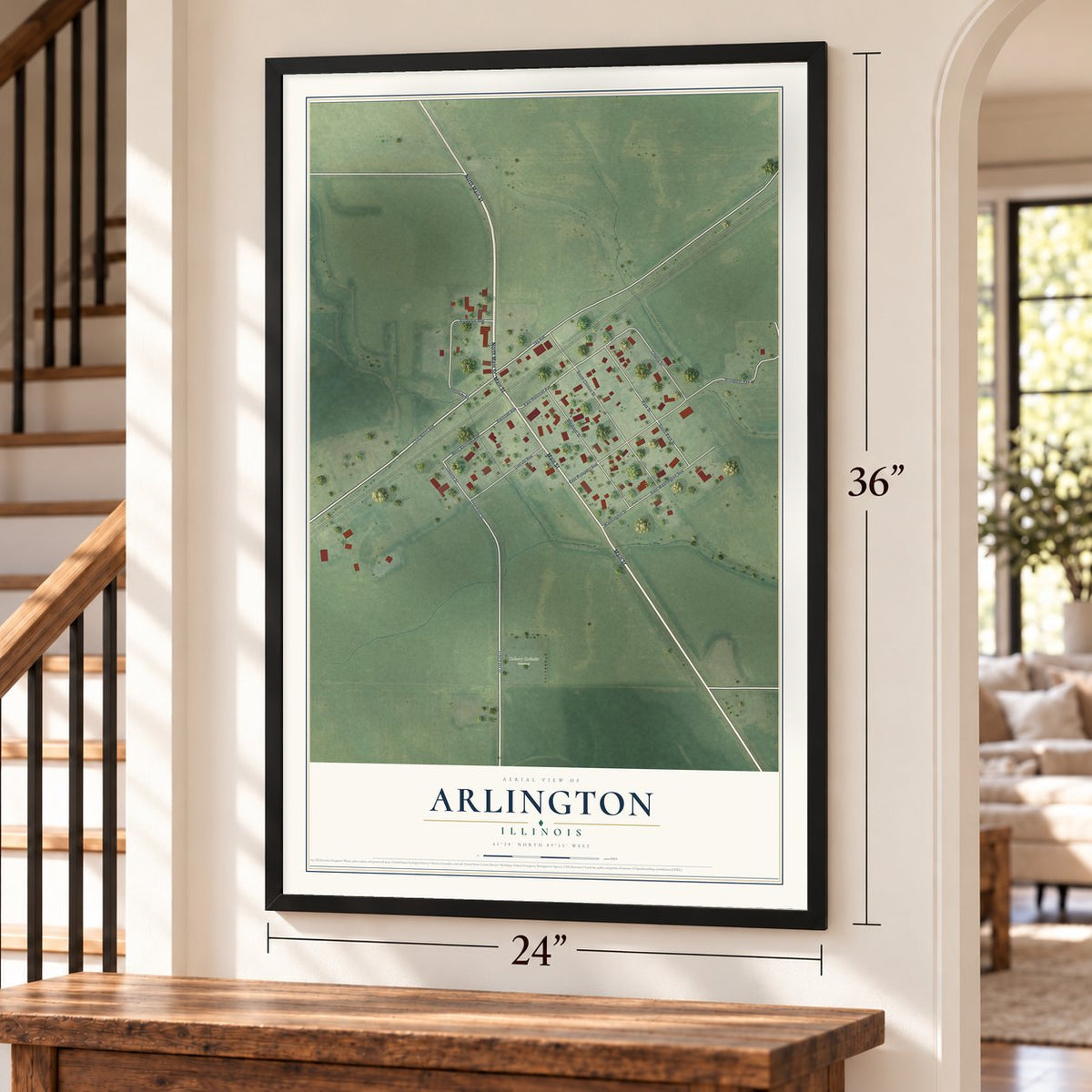 Arlington, Illinois map, 24 x 36 inch print in a black frame by a staircase