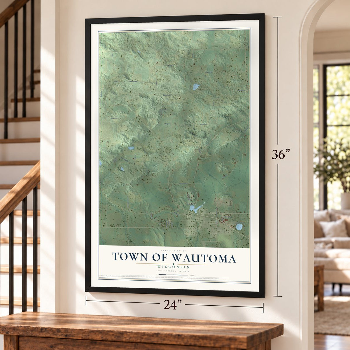Town of Wautoma, Wisconsin map, 24 x 36 inch print in a black frame by a staircase