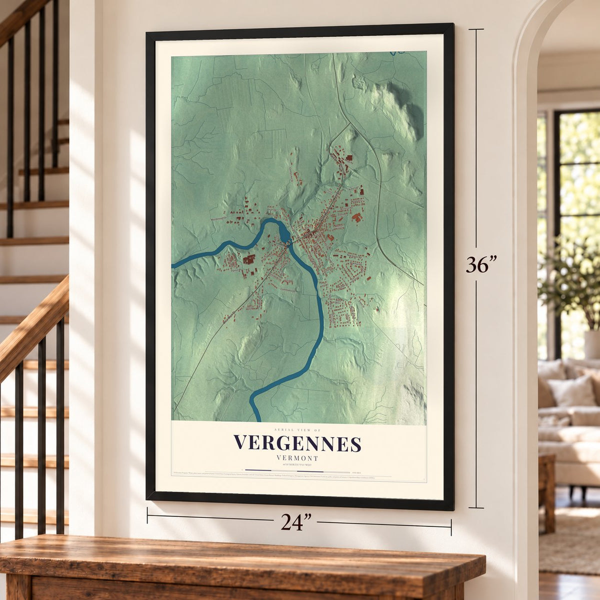 Vergennes, Vermont map, 24 x 36 inch print in a black frame by a staircase