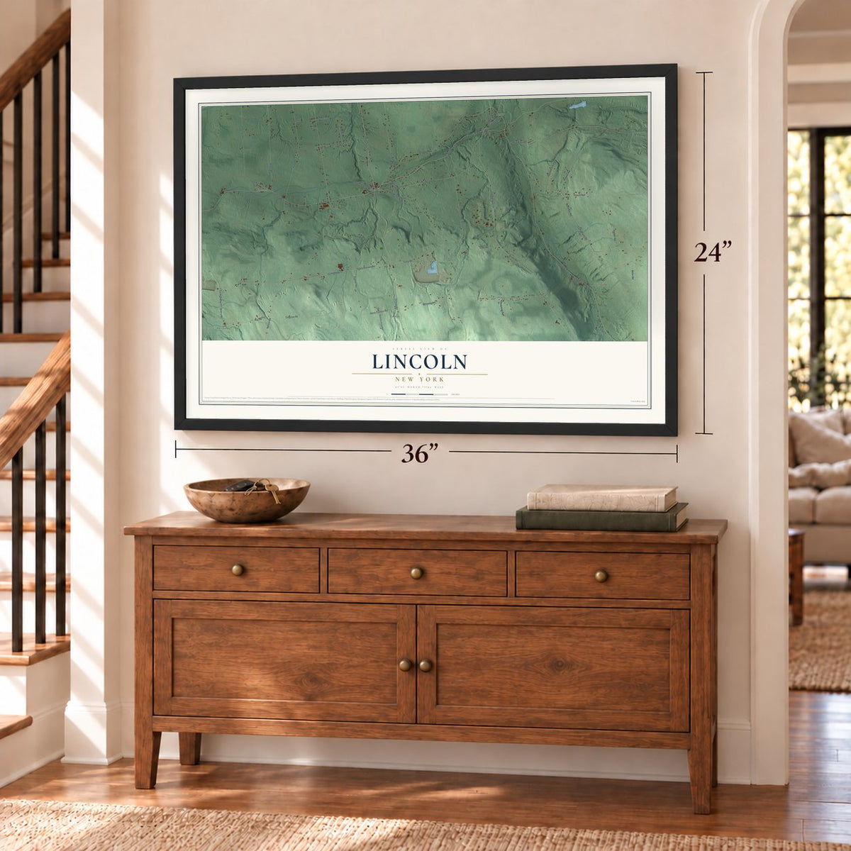 Lincoln, New York map, 24 x 36 inch print in a black frame above a dresser by a staircase
