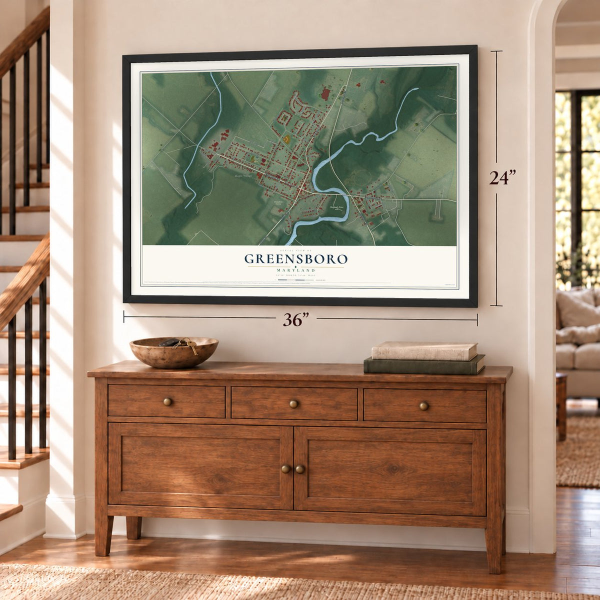 Greensboro, Maryland map, 24 x 36 inch print in a black frame above a dresser by a staircase