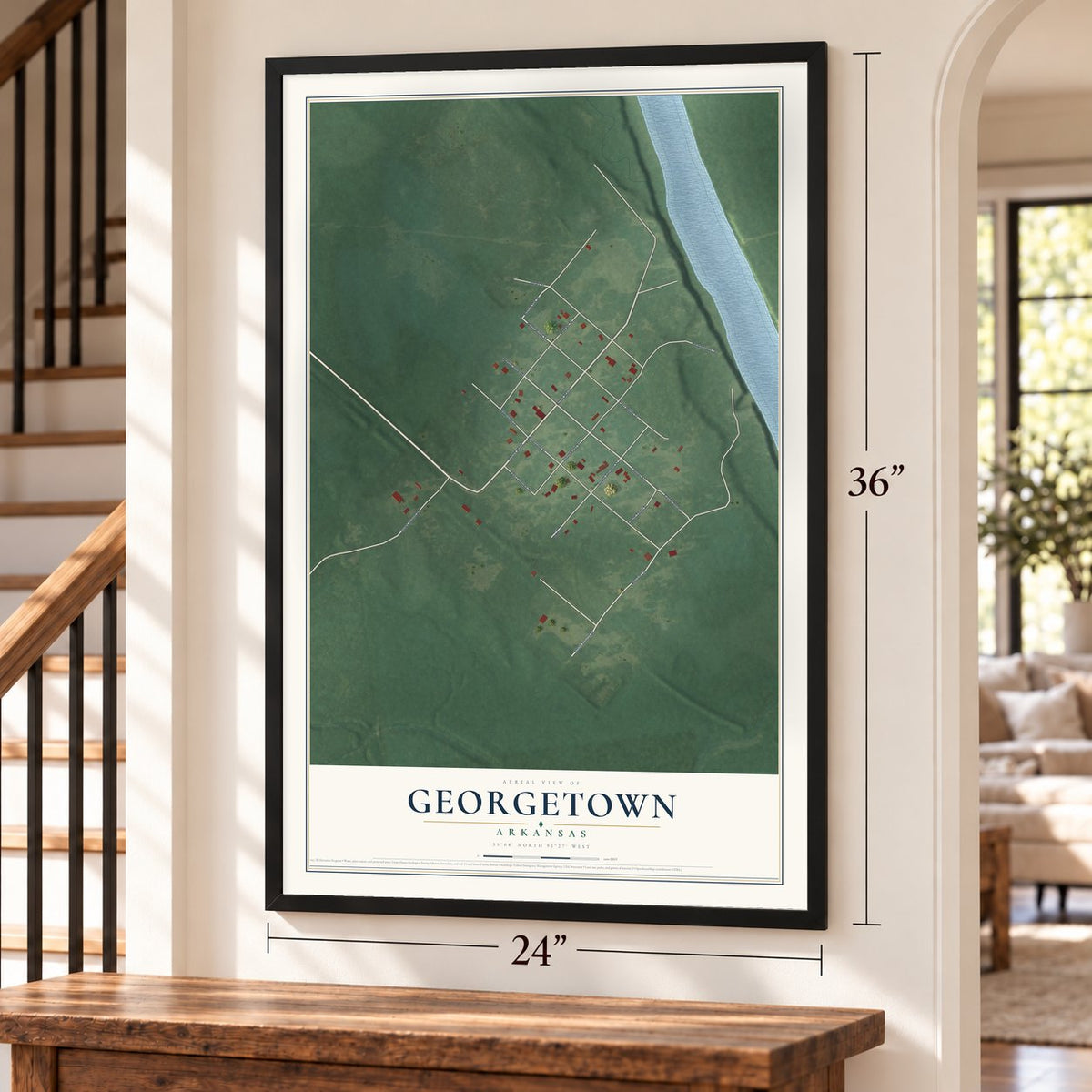 Georgetown, Arkansas map, 24 x 36 inch print in a black frame by a staircase