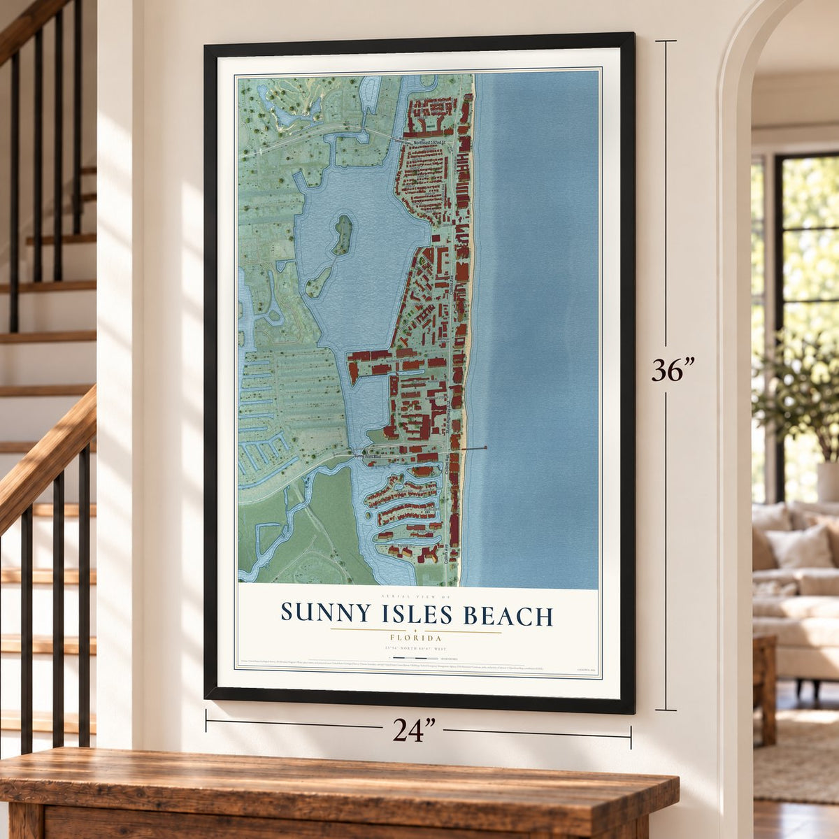Sunny Isles Beach, Florida map, 24 x 36 inch print in a black frame by a staircase