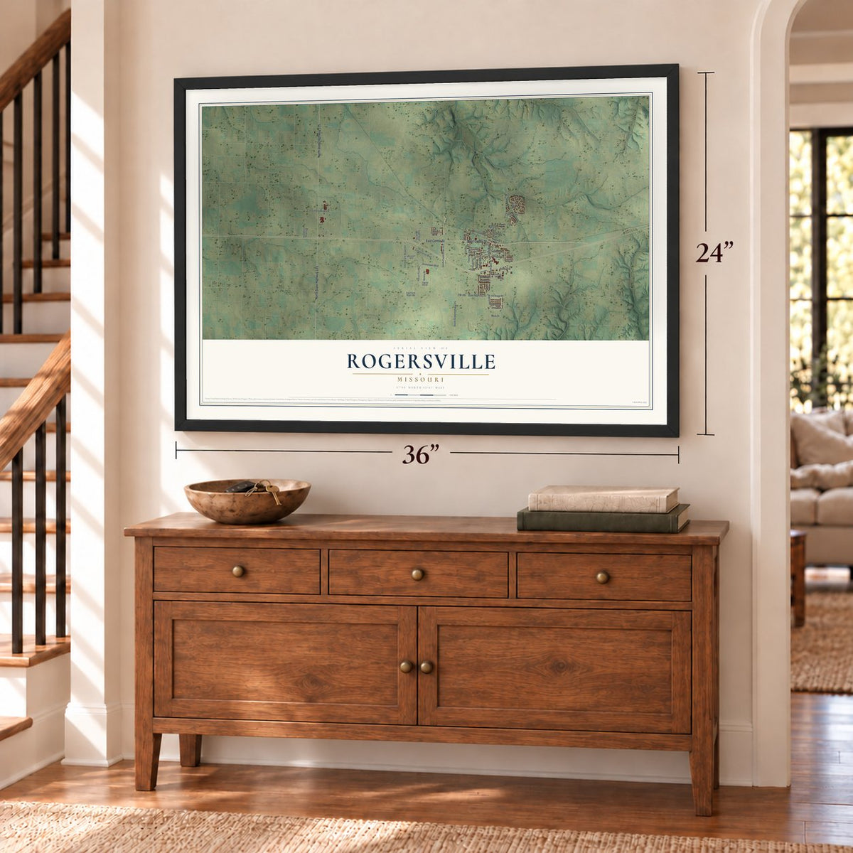 Rogersville, Missouri map, 24 x 36 inch print in a black frame above a dresser by a staircase
