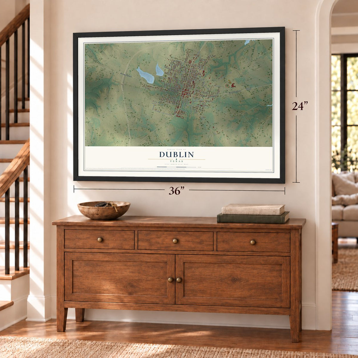 Dublin, Texas map, 24 x 36 inch print in a black frame above a dresser by a staircase