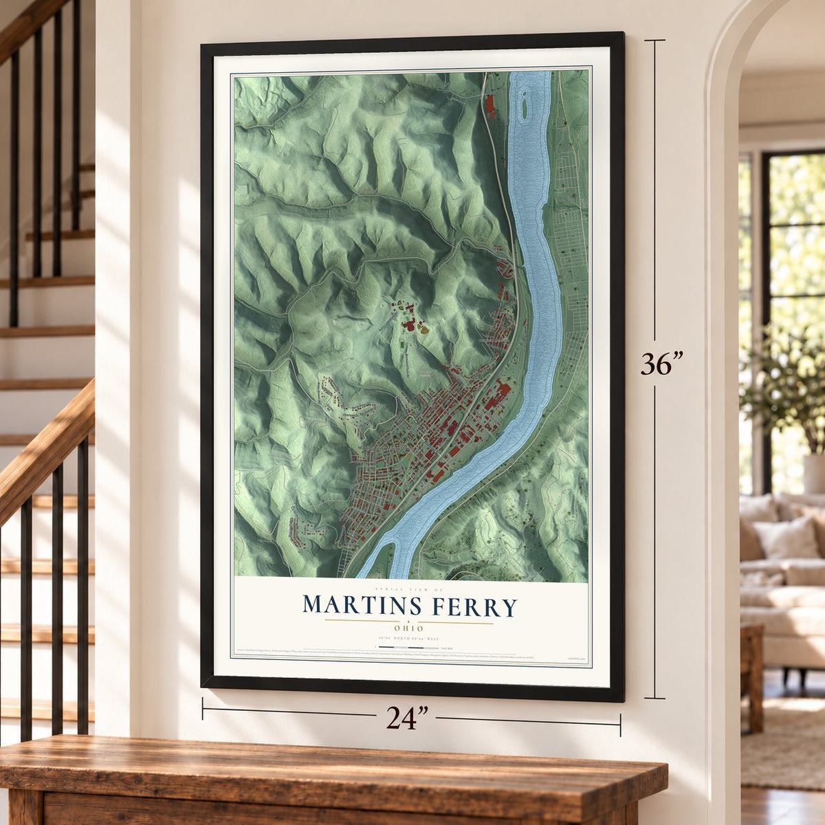 Martins Ferry, Ohio map, 24 x 36 inch print in a black frame by a staircase