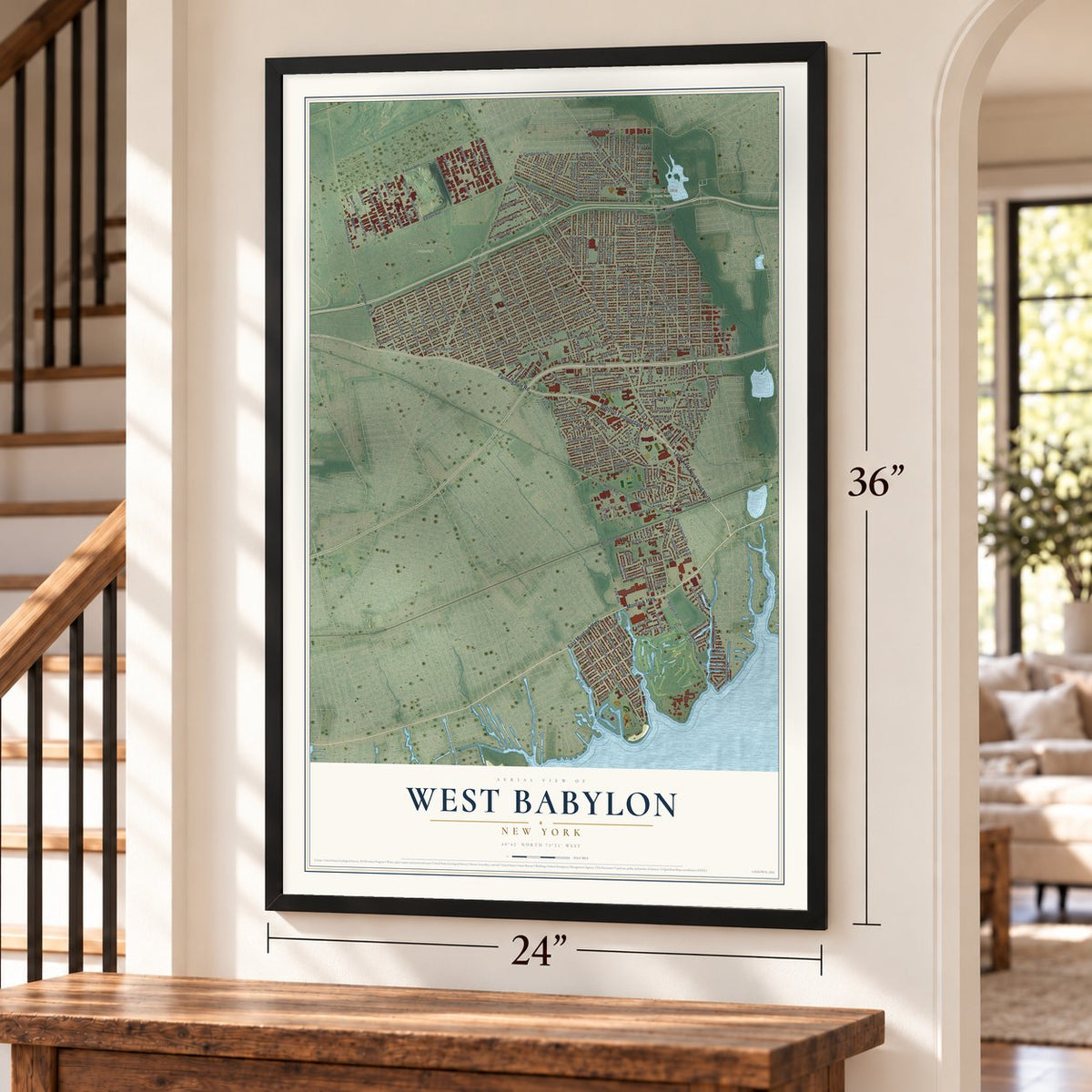 West Babylon, New York map, 24 x 36 inch print in a black frame by a staircase