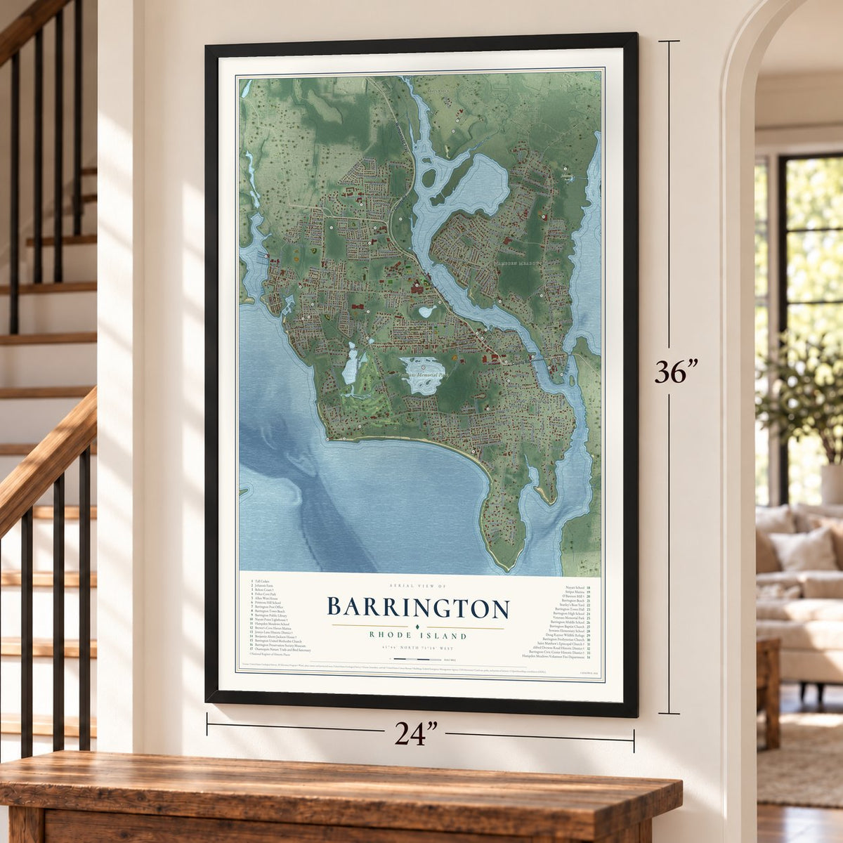 Barrington, Rhode Island map, 24 x 36 inch print in a black frame by a staircase