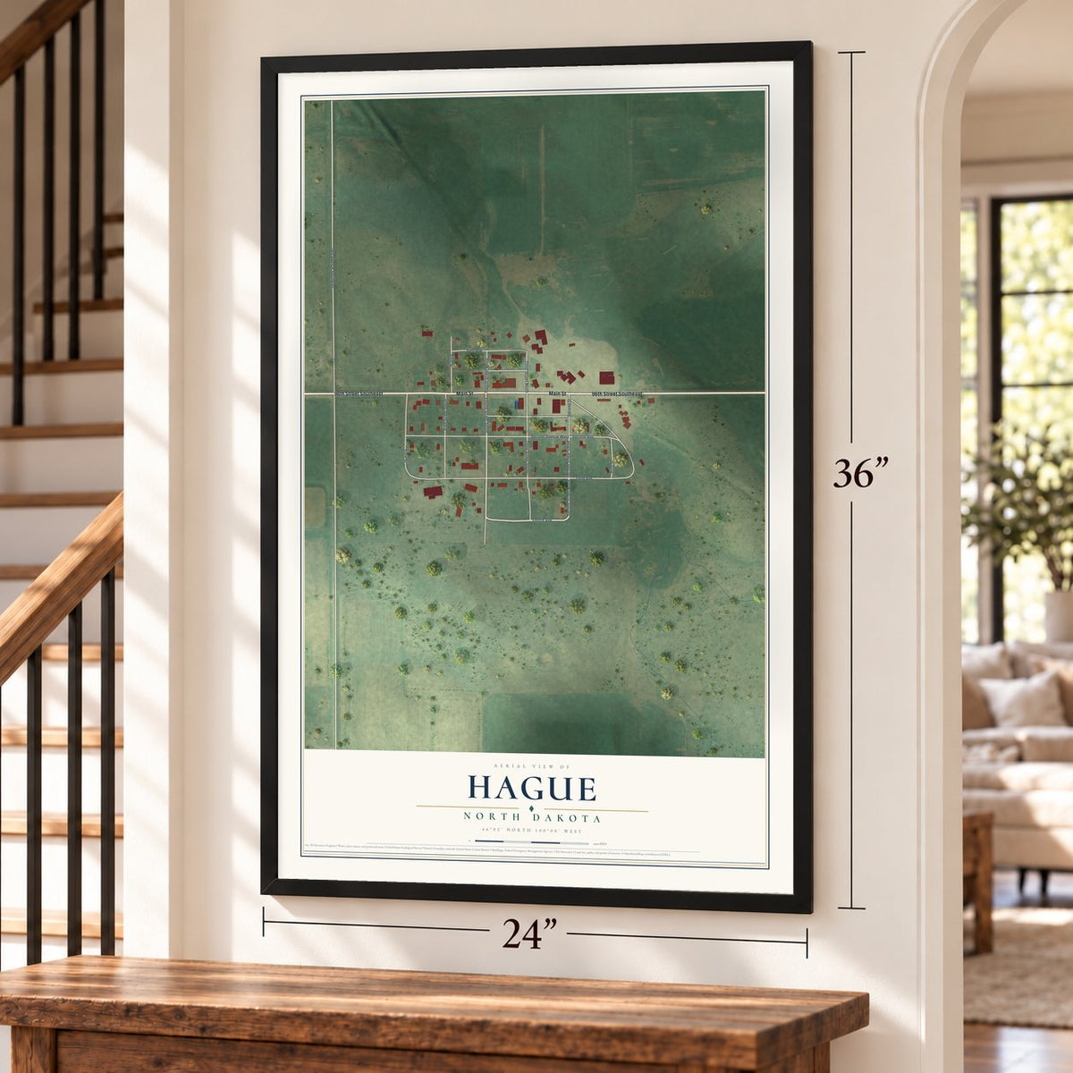 Hague, North Dakota map, 24 x 36 inch print in a black frame by a staircase