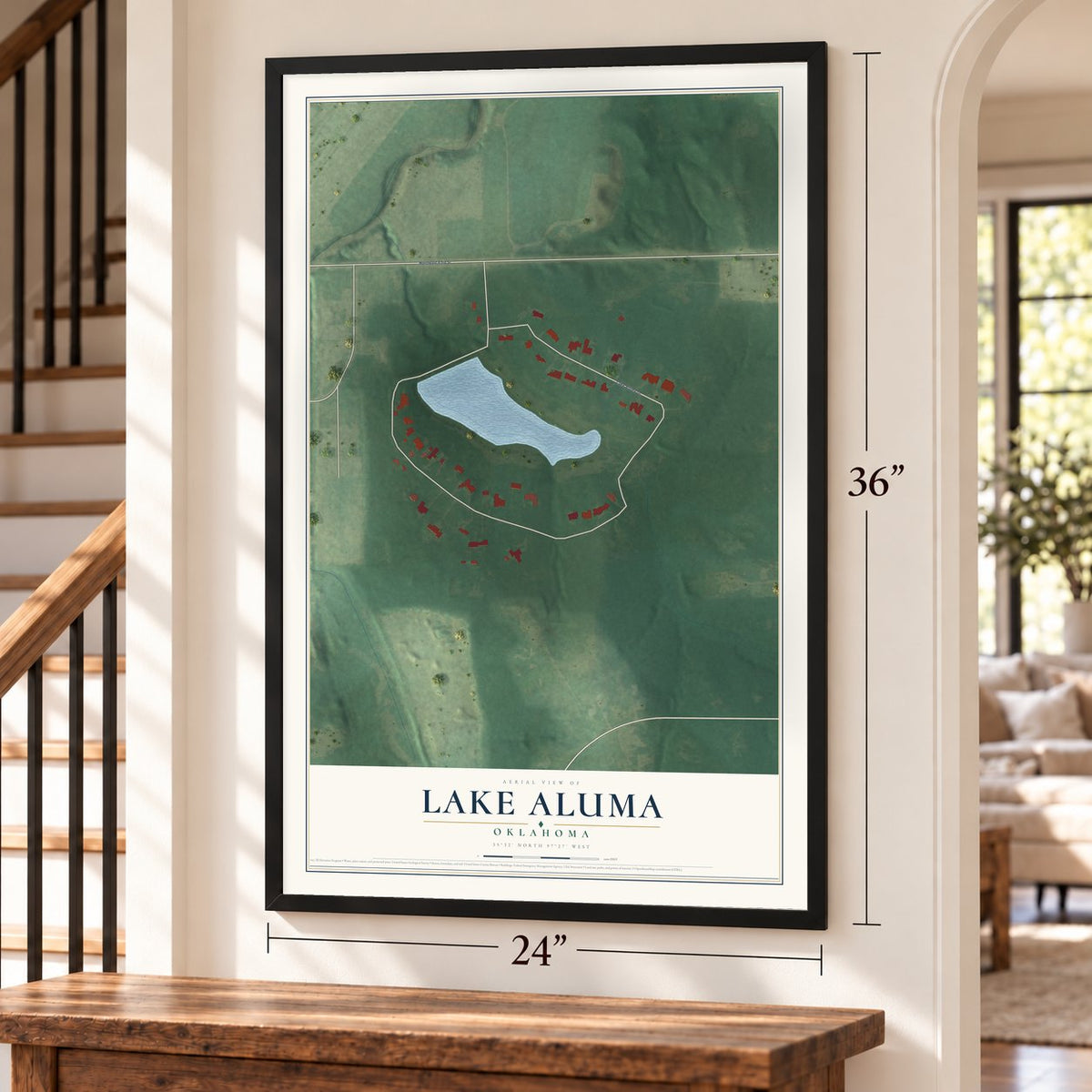 Lake Aluma, Oklahoma map, 24 x 36 inch print in a black frame by a staircase
