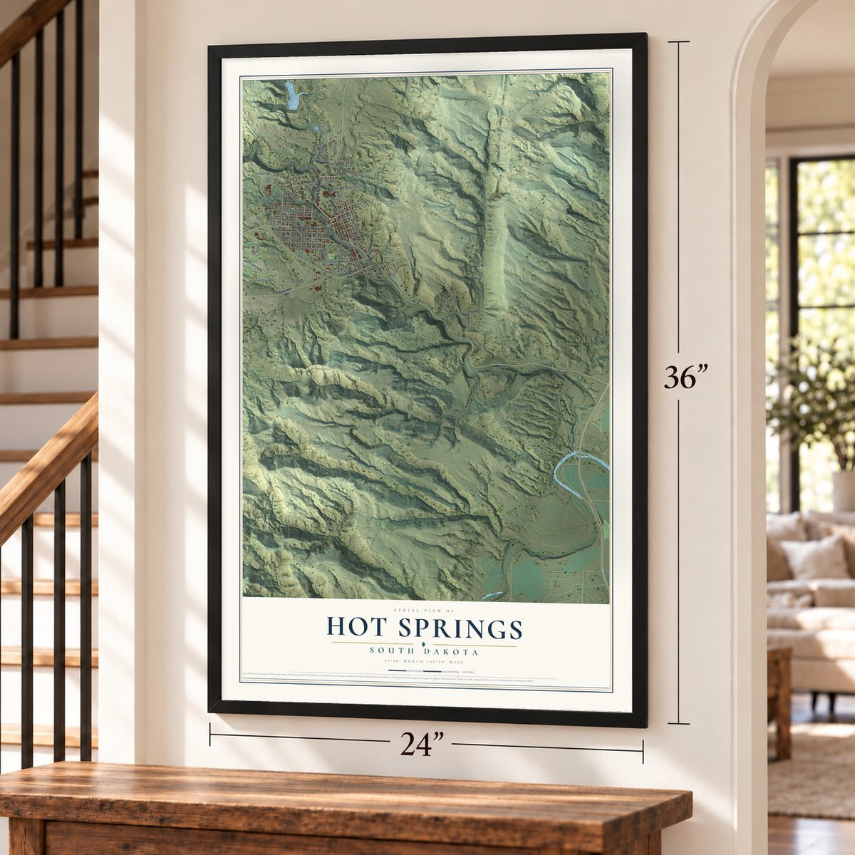 Hot Springs, South Dakota map, 24 x 36 inch print in a black frame by a staircase