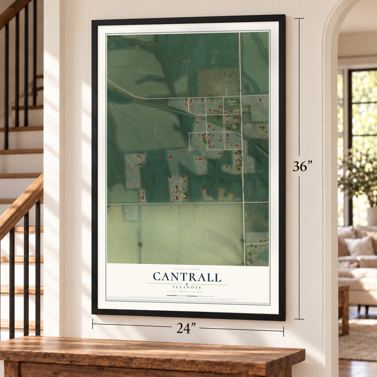 Cantrall, Illinois map, 24 x 36 inch print in a black frame by a staircase