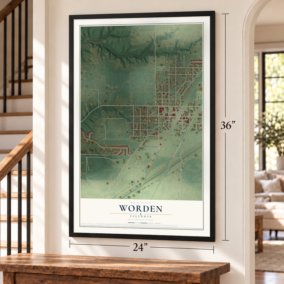 Worden, Illinois map, 24 x 36 inch print in a black frame by a staircase
