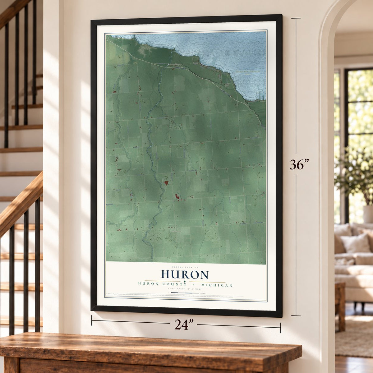 Huron, Huron County, Michigan map, 24 x 36 inch print in a black frame by a staircase