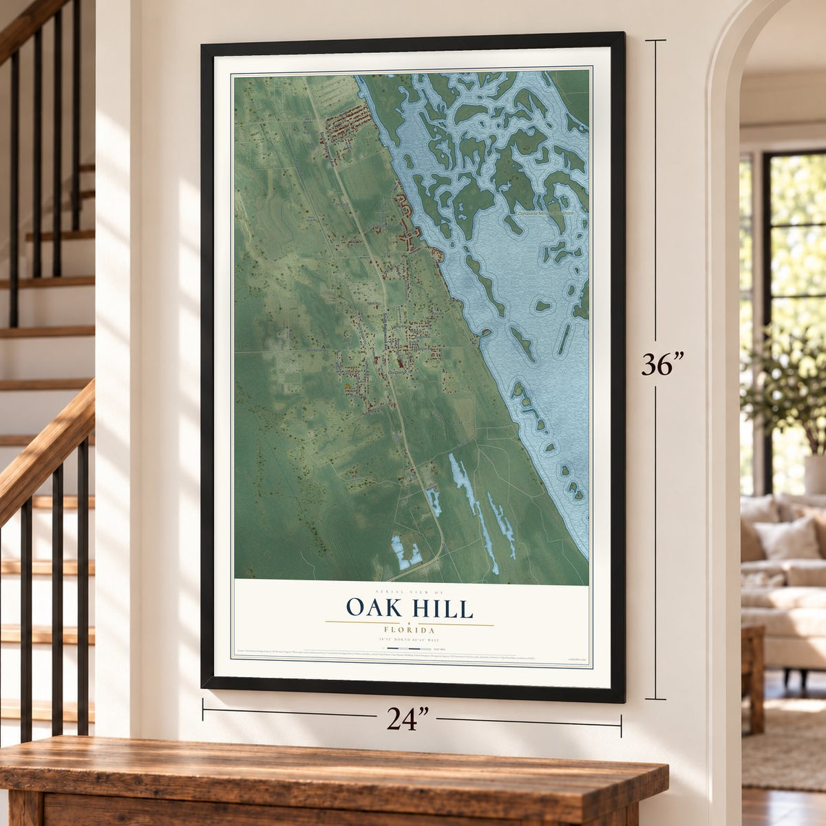 Oak Hill, Florida map, 24 x 36 inch print in a black frame by a staircase