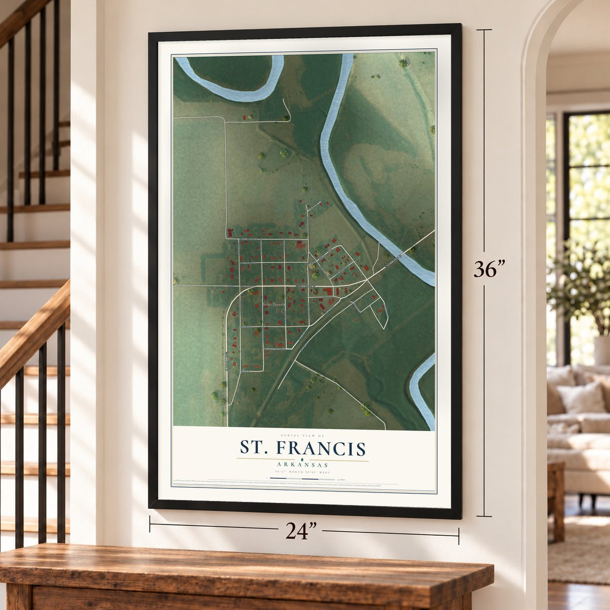 St. Francis, Arkansas map, 24 x 36 inch print in a black frame by a staircase
