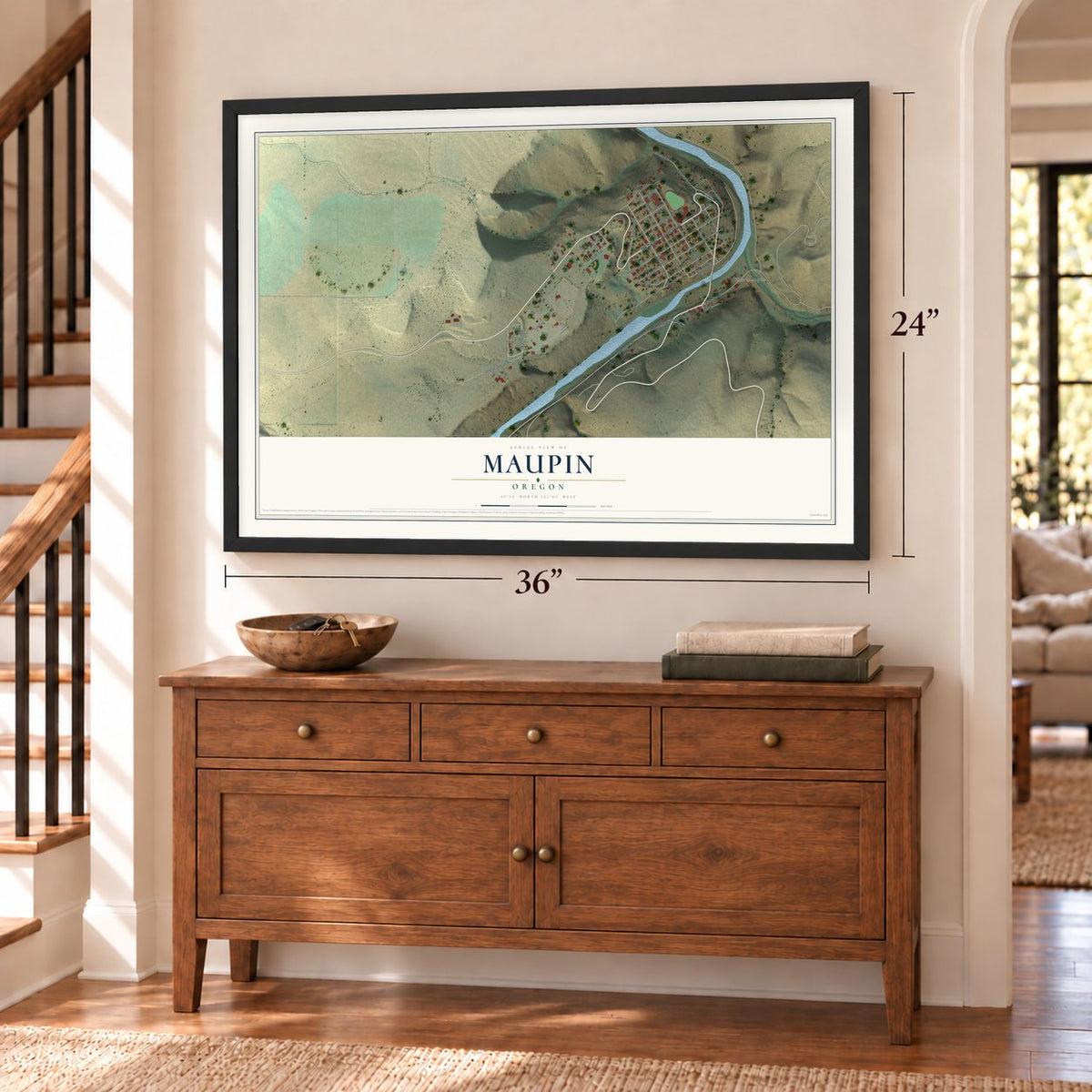 Maupin, Oregon map, 24 x 36 inch print in a black frame above a dresser by a staircase