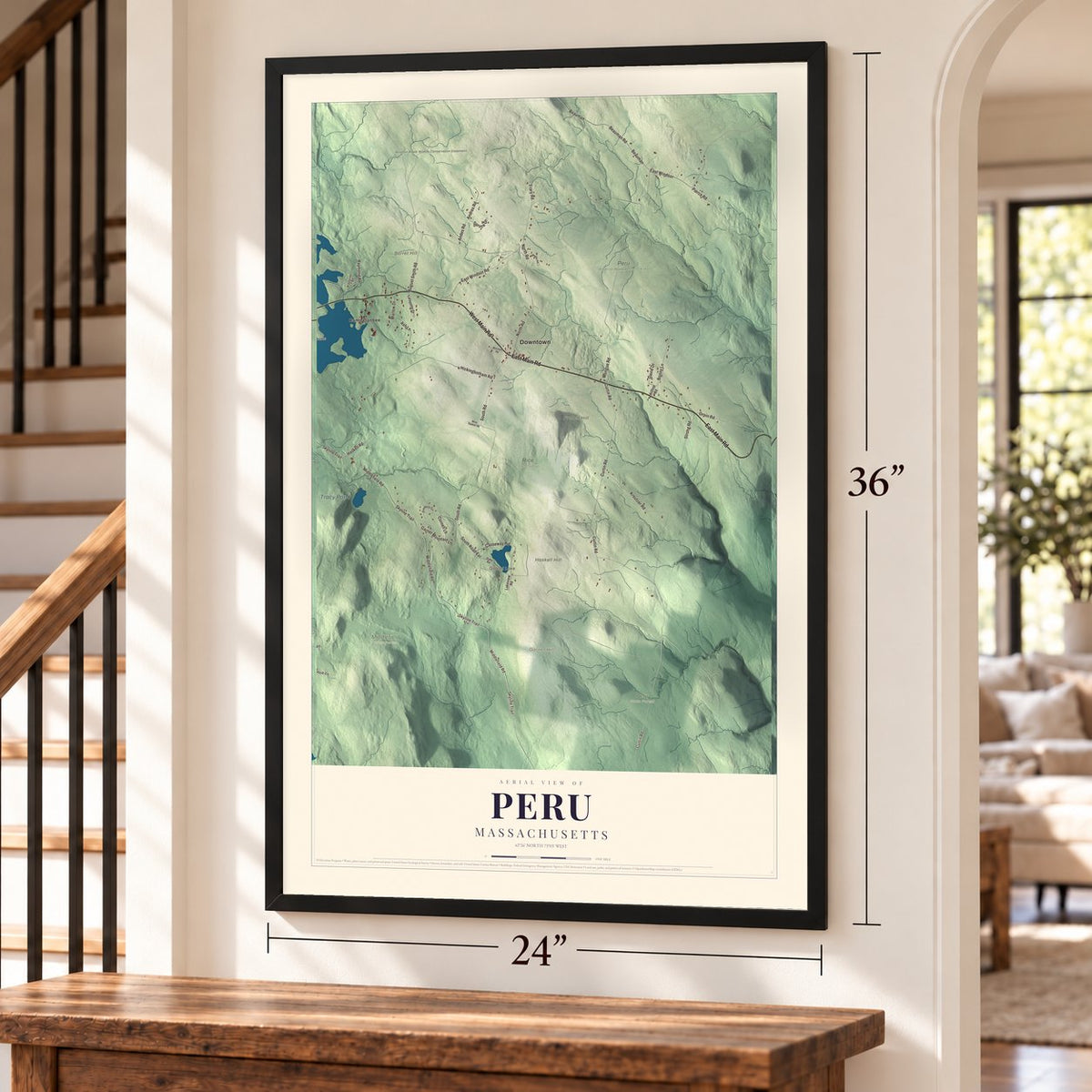 Peru, Massachusetts map, 24 x 36 inch print in a black frame by a staircase