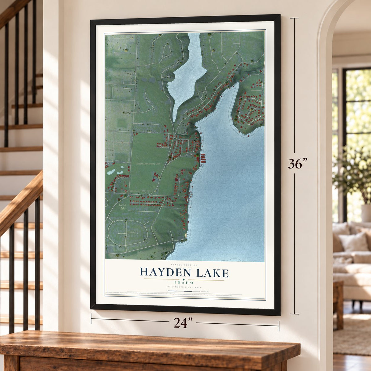 Hayden Lake, Idaho map, 24 x 36 inch print in a black frame by a staircase