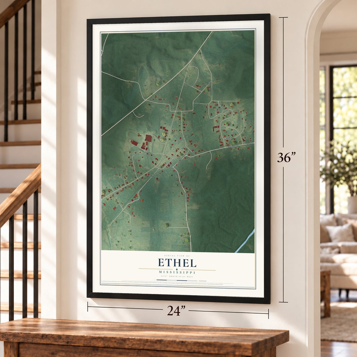 Ethel, Mississippi map, 24 x 36 inch print in a black frame by a staircase