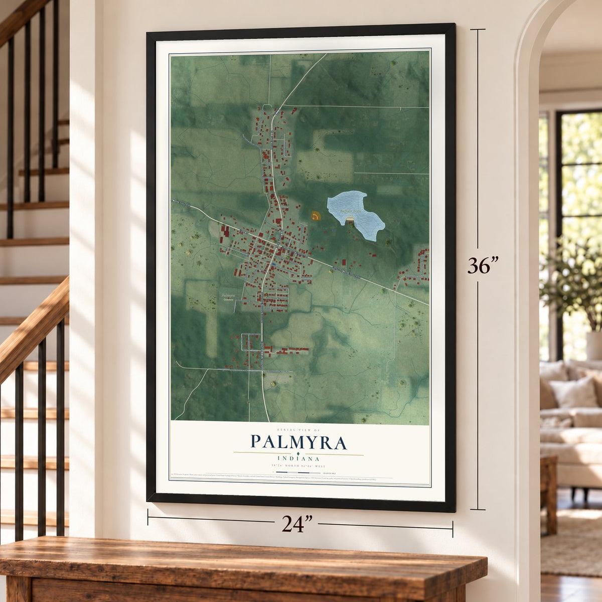 Palmyra, Indiana map, 24 x 36 inch print in a black frame by a staircase
