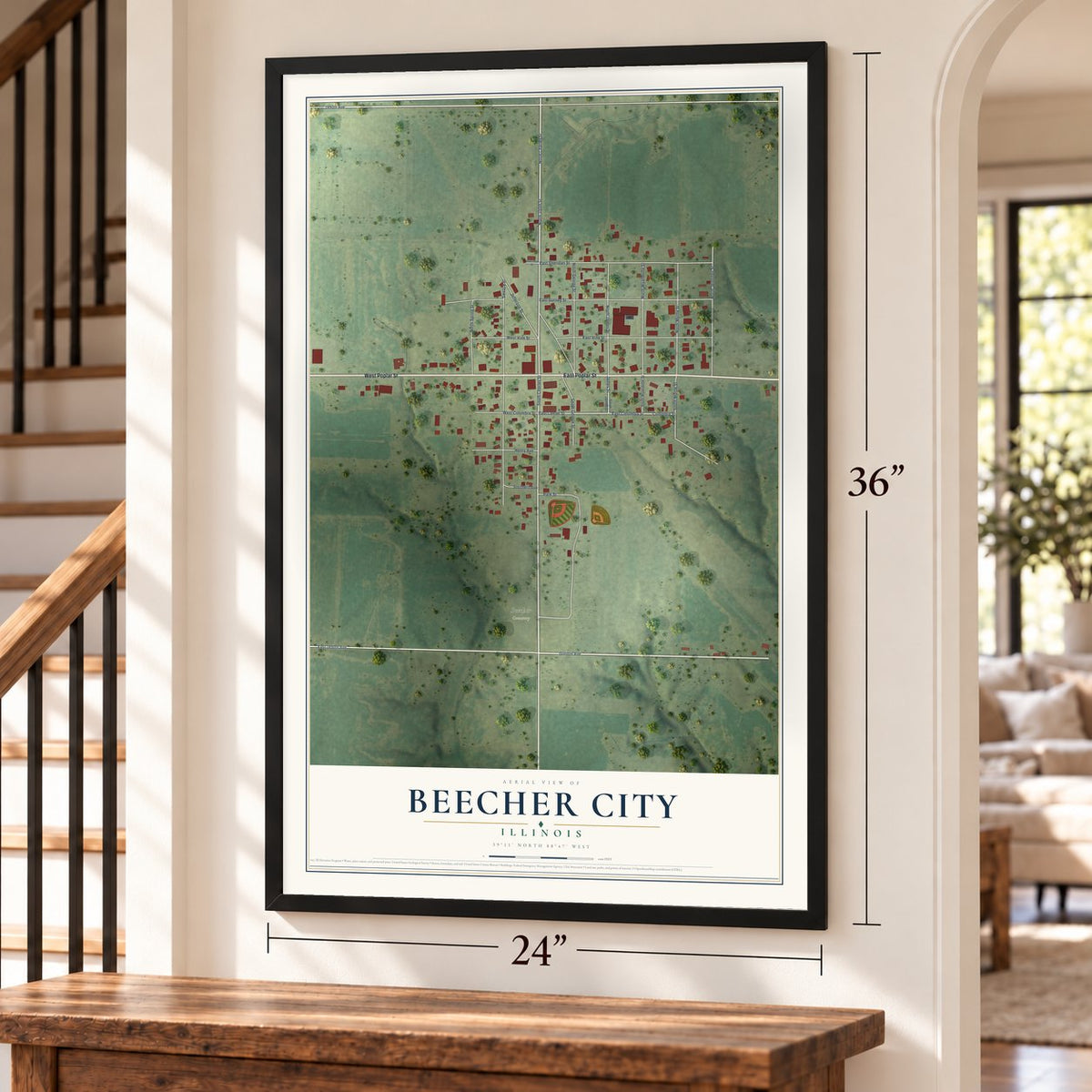 Beecher City, Illinois map, 24 x 36 inch print in a black frame by a staircase