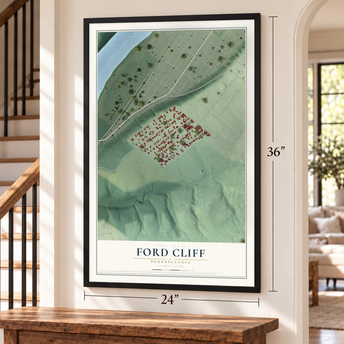 Ford Cliff, Pennsylvania map, 24 x 36 inch print in a black frame by a staircase
